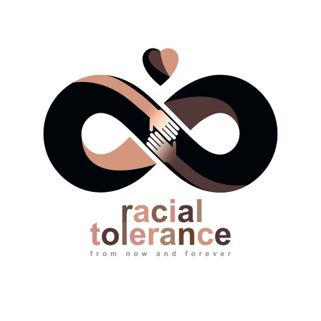 Racial Tolerance between different Nations conceptual symbol, Martin Luther King Day, Zero tolerance, vector symbol created with infinity loop sign and two hands of people of different races touching and reaching each other.のイラスト素材