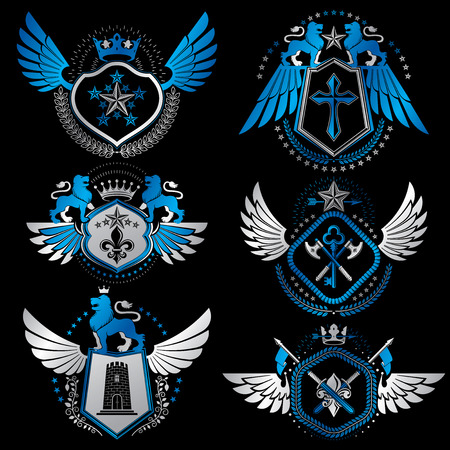 Vector classy heraldic Coat of Arms. Collection of blazons stylized in vintage design and created with graphic elements, royal crowns and flags, stars, towers, armory, religious crosses.のイラスト素材