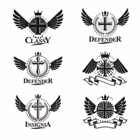 Christian Crosses emblems set. Heraldic Coat of Arms decorative logos isolated vector illustrations collection.のイラスト素材