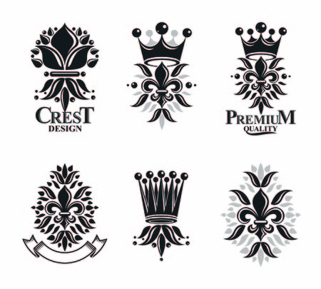 Royal symbols Lily Flowers, floral and crowns, emblems set. Heraldic vector design elements collection. Retro style label, heraldry logo.のイラスト素材
