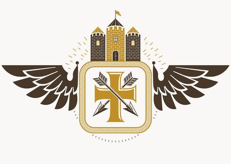 Vector vintage heraldic coat of arms created in award design and decorated using eagle wings, medieval castle and Christian religious crossのイラスト素材