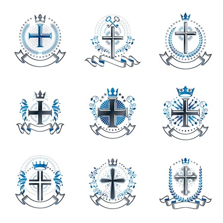 Christian Crosses emblems set. Heraldic Coat of Arms decorative logos isolated vector illustrations collection.のイラスト素材