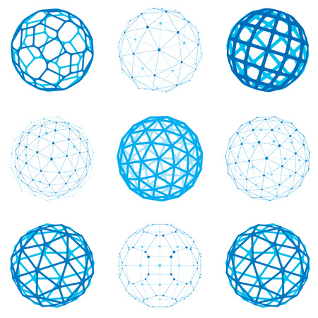 Set of vector dimensional wireframe low poly objects, spherical facet shapes with grid. Technology 3d mesh elements collection can be used as design forms in engineering.のイラスト素材