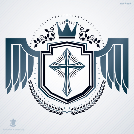 Heraldic sign made using vector vintage elements, monarch crown, laurel leaf and wings.のイラスト素材