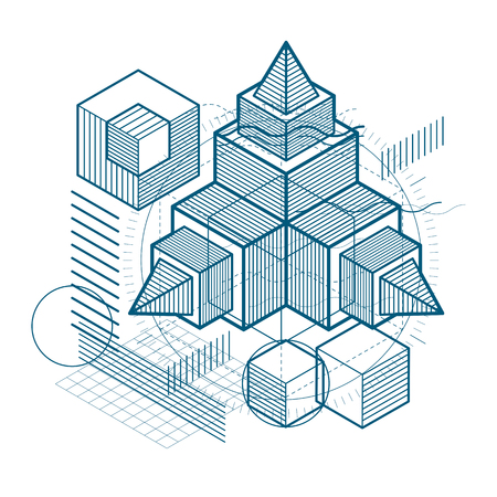 Isometric abstraction with lines and different elements, vector abstract background. Composition of cubes, hexagons, squares, rectangles and different abstract elements.のイラスト素材