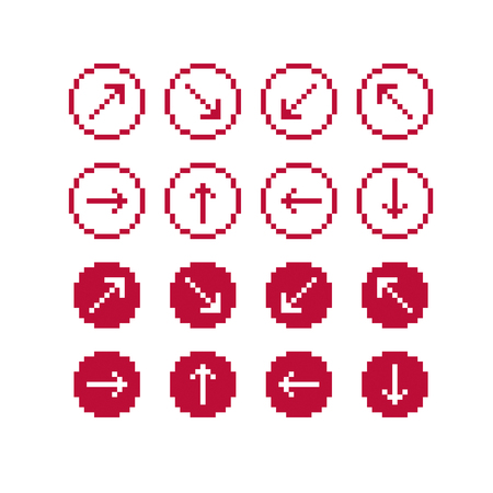 Set of vector retro cursor signs made in pixel art style. Simplistic arrows pointing at different directions, geometric pixilated symbols.のイラスト素材