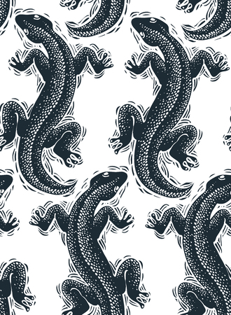 Vector reptilian seamless pattern, lizards top view continuous background. Rain forest fauna wallpaper for use in graphic design.のイラスト素材
