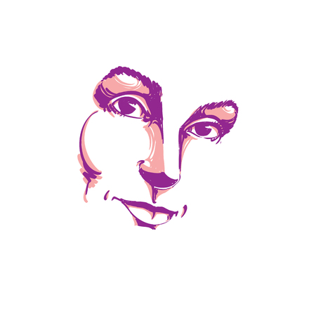 Creative hand-drawn art portrait of white-skin melancholic lady, silhouette of woman face.  Face emotions theme illustration. Beautiful girl posing on white background, outline.のイラスト素材
