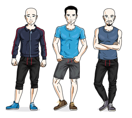 Happy men group standing wearing stylish sport clothes. Vector diverse people illustrations set. Lifestyle theme male characters.のイラスト素材