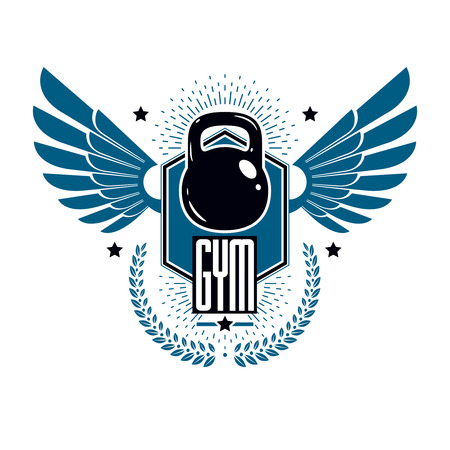 Bodybuilding weightlifting gym logotype sport template, retro style vector emblem with wings. With kettlebell.のイラスト素材