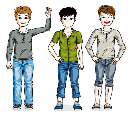 Young teen boys cute children group standing in stylish casual clothes. Vector set of beautiful kids illustrations.のイラスト素材