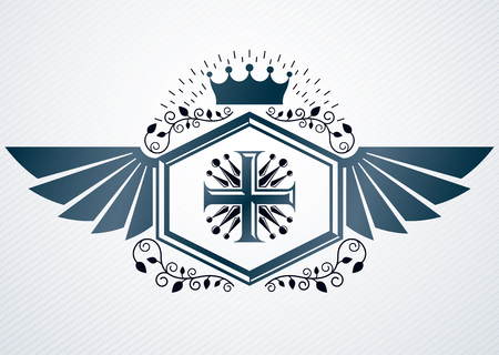 Vintage vector emblem made in heraldic design and decorated with Christian religious cross and imperial crownのイラスト素材