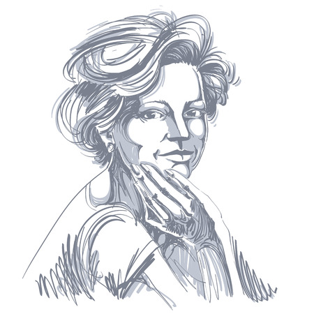 Vector drawing of confident elegant woman with stylish haircut. Black and white portrait of attractive peaceful lady.のイラスト素材