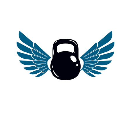 Bodybuilding weightlifting gym logotype sport template, retro style vector emblem with wings. With kettlebell.のイラスト素材