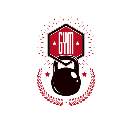 Bodybuilding weightlifting gym logotype sport template, vintage style vector emblem. With kettlebell.のイラスト素材
