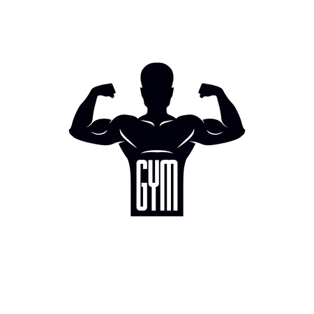 Logotype for heavyweight gym or fitness sport gymnasium, retro style vector emblem. With bodybuilder silhouette.のイラスト素材