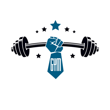 Gym weightlifting and fitness sport club, retro stylized vector emblem or badge.のイラスト素材
