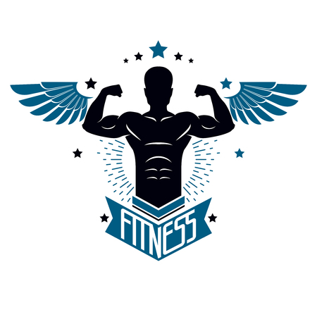 Fitness and heavyweight gym sport club template, retro style vector emblem with wings.のイラスト素材