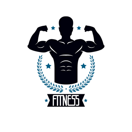 Bodybuilding and fitness sport templates, vintage style vector emblem With bodybuilder silhouette.のイラスト素材