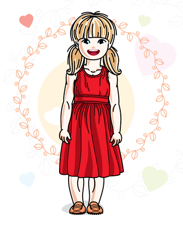 Beautiful little blonde girl wearing casual clothes and standing on colorful backdrop with loving hearts. Vector human illustration.のイラスト素材