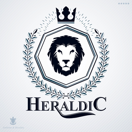 Vintage vector emblem made in heraldic design with laurel leaf, lion head and royal crownのイラスト素材