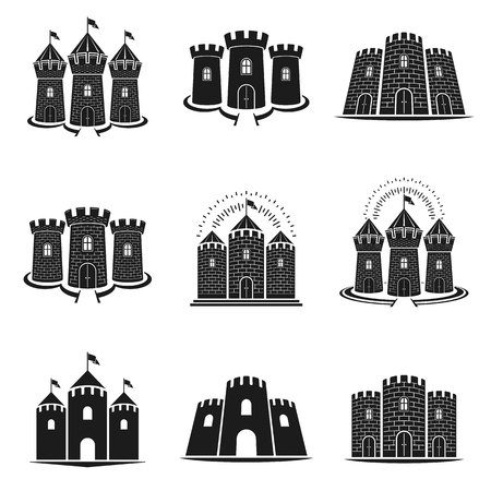 Ancient Forts emblems set. Heraldic Coat of Arms decorative logos isolated vector illustrations collection.のイラスト素材
