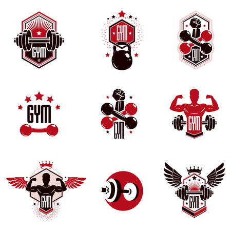 Gym weightlifting and fitness sport club logos, retro stylized vector emblems or badges set.のイラスト素材