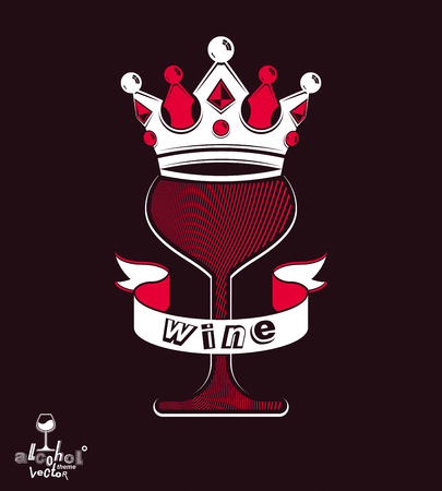 Majestic wineglass with monarch crown and curved ribbon, art goblet best for use in graphic design. Full glass of wine vector illustration. Lounge theme creative object, eps8.のイラスト素材