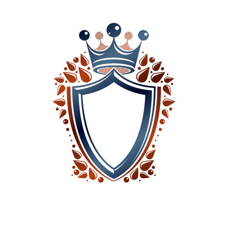 Blank heraldic design with copy space, vector vintage protection shield emblem decorated with royal crown and leaves.のイラスト素材