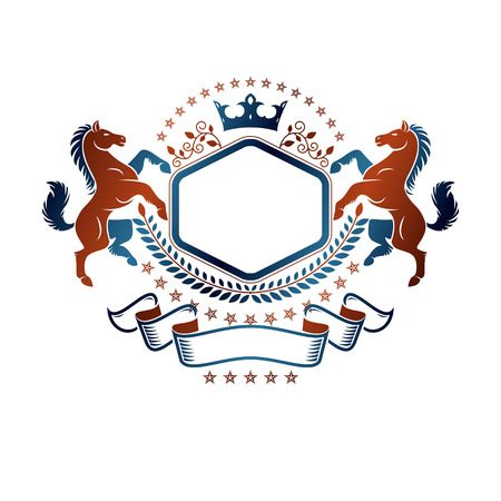 Graphic symbol created using wild horse animal element, luxury ribbon and imperial crown. Heraldic vector design element. Retro style label, heraldry logo.のイラスト素材