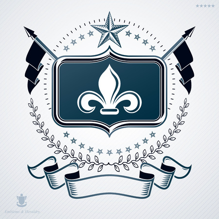 Vintage vector emblem made in heraldic design decorated with pentagonal stars and laurel leafのイラスト素材