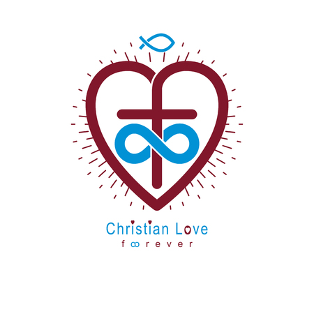 True Infinite Christian Love and Belief in God, vector creative symbol design, combined with infinity eternal loop and Christian Cross, vector logo or sign.のイラスト素材
