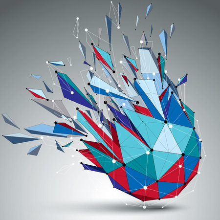 3d vector low poly object with connected black and white lines and dots, colorful geometric wireframe shape with refractions. Asymmetric perspective shattered form.のイラスト素材
