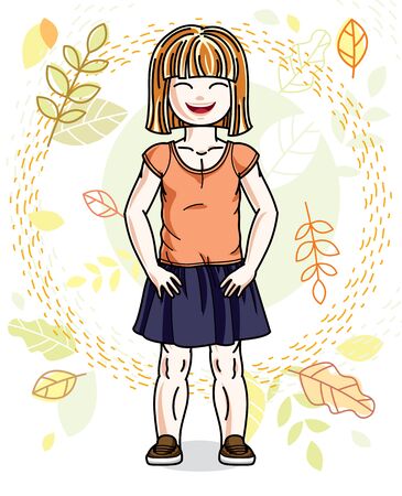 Sweet little redhead girl standing on background of autumn landscape and wearing stylish casual clothes. Vector kid illustration.のイラスト素材