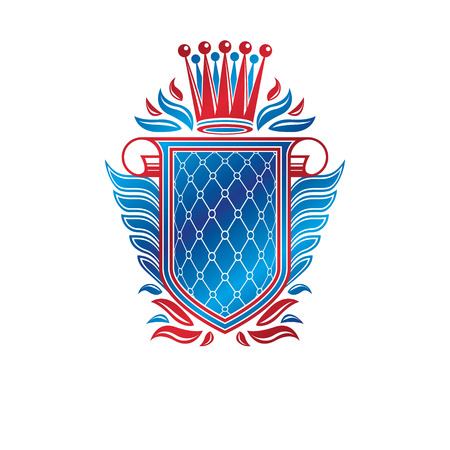 Heraldic coat of arms decorative emblem with copy space and cartouche. Winged protection shield emblem created with imperial crown, isolated vector illustration.のイラスト素材