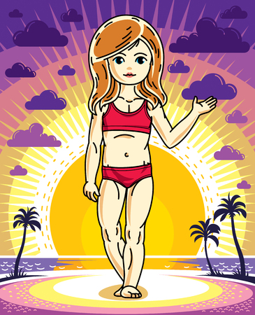 Cute happy little red-haired girl posing on background of sunset landscape with palms and wearing colorful swimming suit. Vector character.のイラスト素材