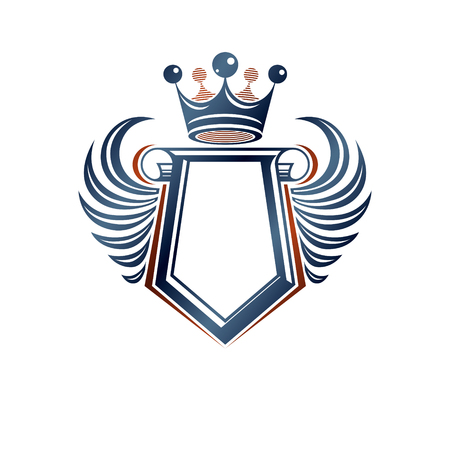 Blank heraldic coat of arms decorative emblem with copy space and cartouche. Empty winged protection shield emblem created with imperial crown, isolated vector illustration.のイラスト素材