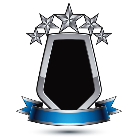 Black heraldic vector security element with gray outline and five pentagonal silver stars, silvery 3d royal geometric blazon with blue curvy band, classic blazon isolated on white background.のイラスト素材