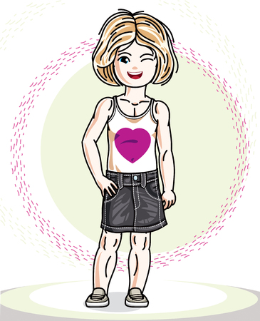 Little blonde cute girl toddler in casual clothes. Vector Illustration of pretty child standing.のイラスト素材