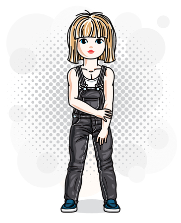 Cute happy blonde girl in jeans wear posing. Vector character.のイラスト素材