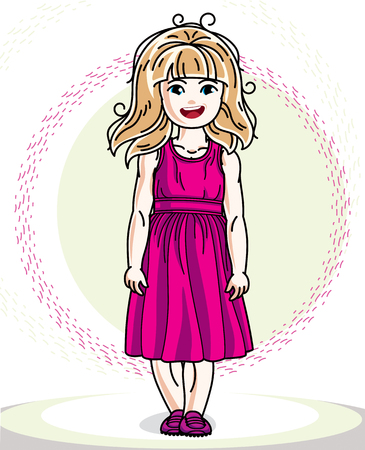 Little blonde cute girl toddler in casual clothes. Vector Illustration of pretty child standing.のイラスト素材
