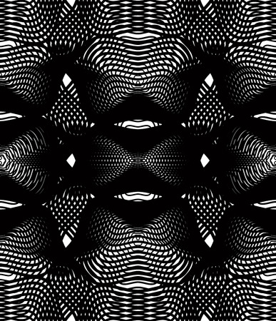 Black and white illusive abstract seamless pattern with overlapping shapes. Vector symmetric...
