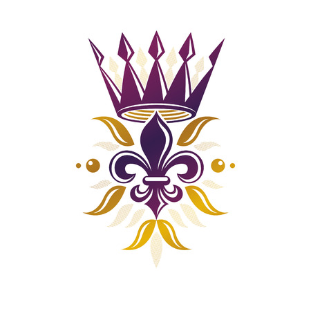 Victorian golden emblem composed using lily flower and monarch crown. Royal quality award vector design element, business label.のイラスト素材