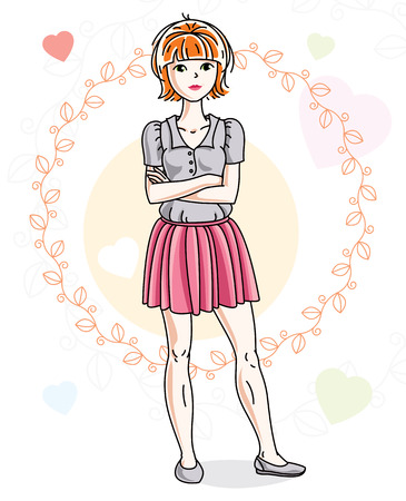 Young beautiful redhead woman adult standing on colorful background with Valentine hearts in modern casual clothes. Vector nice lady illustration.のイラスト素材