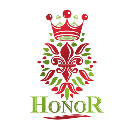 Heraldic coat of arms decorative emblem with lily flower and royal crown, eco product. Isolated vector illustration, Fleur-De-Lis.のイラスト素材