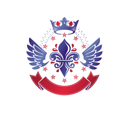 Victorian winged emblem composed using lily flower, monarch crown and pentagonal stars. Royal quality award vector design element, business label.のイラスト素材