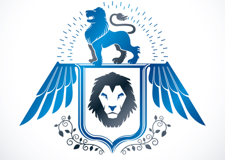 Heraldic winged sign created using vector vintage elements like wild lion and floral decorationのイラスト素材