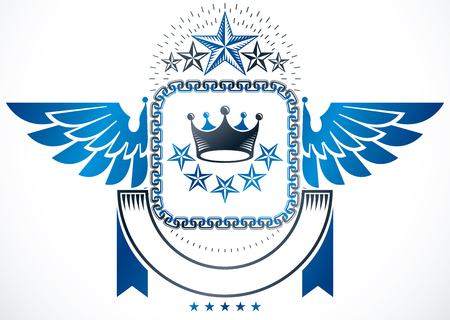 Winged classy emblem, vector heraldic Coat of Arms created using royal crown and pentagonal starsのイラスト素材