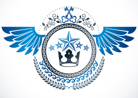 Winged classy emblem, vector heraldic Coat of Arms created using security keys, royal crown and starsのイラスト素材