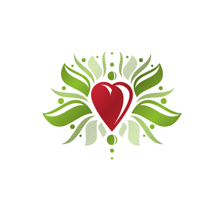 Vintage heraldic vector emblem created with lily flower royal symbol and red romantic heart shape. Eco product symbol, organic theme element for design.のイラスト素材